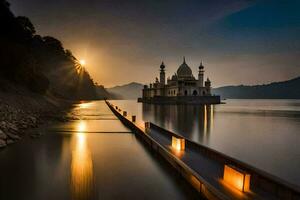 une mosquée dans le milieu de une Lac à le coucher du soleil. généré par ai photo