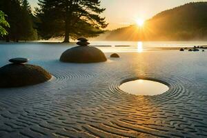 le Soleil monte plus de une le sable plage avec rochers et des pierres. généré par ai photo
