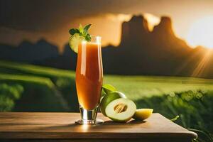 une verre de jus avec une tranche de citron vert et une vert Pomme. généré par ai photo