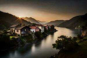 une rivière court par une village à le coucher du soleil. généré par ai photo