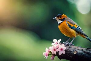 une oiseau est perché sur une branche avec rose fleurs. généré par ai photo