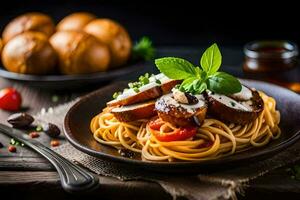 spaghetti avec Boulettes de viande et tomates sur une en bois tableau. généré par ai photo