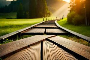 une en bois passerelle pistes à le Soleil dans le distance. généré par ai photo