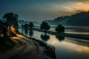 une route de premier plan à une rivière à le coucher du soleil. généré par ai photo