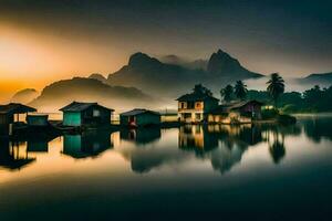le lever du soleil plus de le montagnes et Maisons dans le l'eau. généré par ai photo