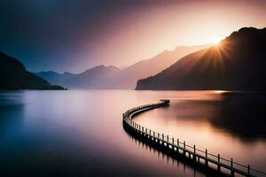 une jetée dans le milieu de une Lac à le coucher du soleil. généré par ai photo