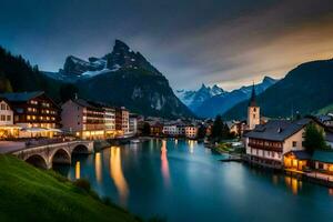 le ville de Suisse Alpes à crépuscule. généré par ai photo
