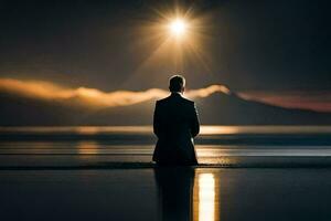 une homme dans une costume est séance sur le plage à nuit. généré par ai photo