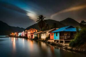 coloré Maisons le long de le l'eau à nuit. généré par ai photo