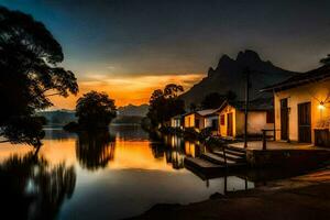 photo fond d'écran le ciel, eau, montagnes, coucher de soleil, le village, loger, le village,. généré par ai