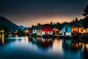 photo fond d'écran le ciel, eau, Maisons, le village, le lac, le montagnes, le. généré par ai