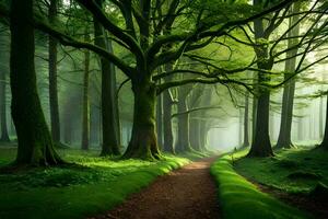 une chemin par une vert forêt avec des arbres. généré par ai photo