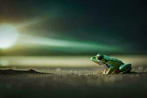 une grenouille séance sur le sol dans de face de une brillant lumière. généré par ai photo