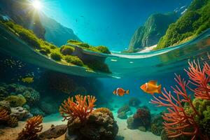 sous-marin scène avec corail récifs et poisson. généré par ai photo