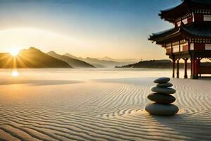 une pagode dans le le sable avec des pierres empilés sur Haut. généré par ai photo