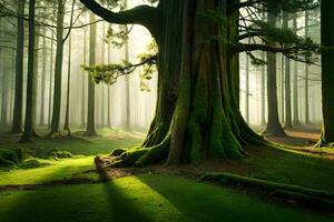 une grand arbre dans le milieu de une forêt. généré par ai photo