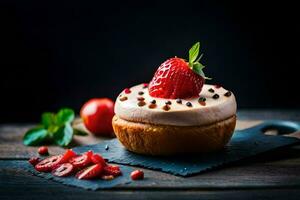 une fraise gâteau avec crème et des fraises sur une noir Contexte. généré par ai photo