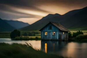 une petit maison est assis sur le bord de une Lac à le coucher du soleil. généré par ai photo