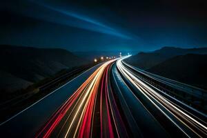 une longue exposition photographier de une Autoroute à nuit. généré par ai photo