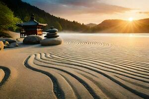 une pagode est assis sur le le sable à le coucher du soleil. généré par ai photo