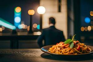 une assiette de Pâtes avec une homme dans une costume dans le Contexte. généré par ai photo