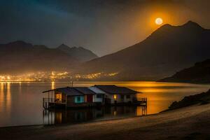 une maison sur le rive de une Lac à nuit. généré par ai photo