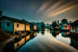 une rivière avec Maisons sur il à crépuscule. généré par ai photo