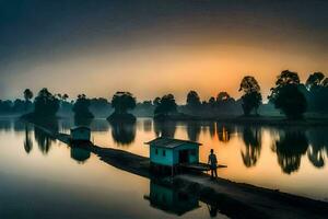 une homme des stands sur une Dock à lever du soleil dans une lac. généré par ai photo