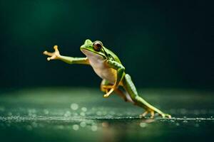 une grenouille sauter sur une foncé Contexte. généré par ai photo