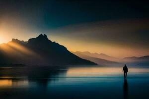 une homme des stands seul dans le milieu de une Lac à le coucher du soleil. généré par ai photo