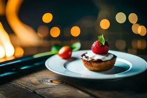 une fraise dessert sur une assiette avec une bougie dans le Contexte. généré par ai photo