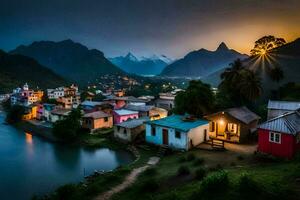 une village dans le montagnes à crépuscule. généré par ai photo