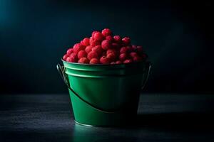 framboises dans une vert seau. généré par ai photo