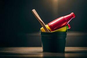 une seau avec une en bois cuillère et une bouteille de ketchup. généré par ai photo