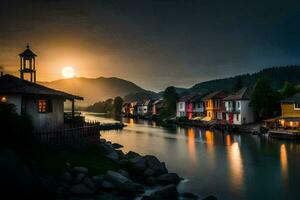 le Soleil ensembles plus de une rivière et Maisons. généré par ai photo