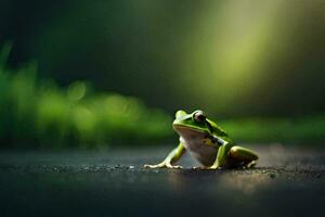 une grenouille séance sur le sol dans de face de une vert Contexte. généré par ai photo