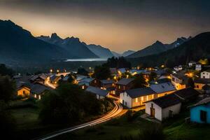 une village à crépuscule avec montagnes dans le Contexte. généré par ai photo