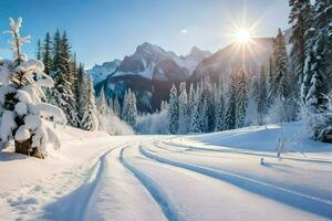 neige couvert route dans le montagnes avec des arbres. généré par ai photo