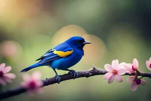 une bleu oiseau est assis sur une branche avec rose fleurs. généré par ai photo