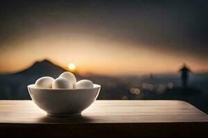 des œufs dans une bol sur une table avec une le coucher du soleil dans le Contexte. généré par ai photo