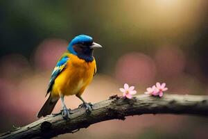 une coloré oiseau est assis sur une branche avec rose fleurs. généré par ai photo