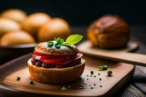 une Hamburger sur une en bois assiette avec tomates et autre ingrédients. généré par ai photo