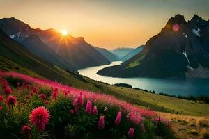 le Soleil monte plus de une Lac et fleurs dans le montagnes. généré par ai photo