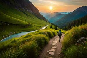 une homme des promenades sur une chemin dans le montagnes. généré par ai photo