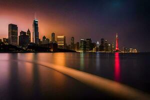 le ville horizon à nuit avec le l'eau reflétant le lumières. généré par ai photo