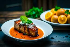 une assiette de nourriture avec Viande et sauce sur une tableau. généré par ai photo