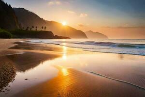 le Soleil monte plus de le océan et le plage dans Kauaí, Hawaii. généré par ai photo