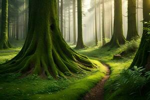 une chemin par une forêt avec des arbres et herbe. généré par ai photo