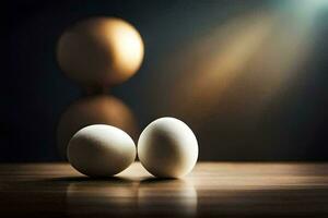 deux des œufs sur une table avec une homme dans le Contexte. généré par ai photo