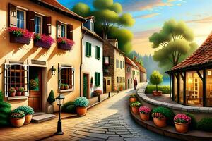 un illustration de une rue dans une village. généré par ai photo